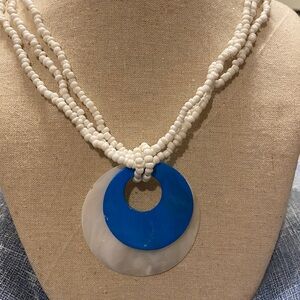 Blue and White Beaded shell pendant Necklace